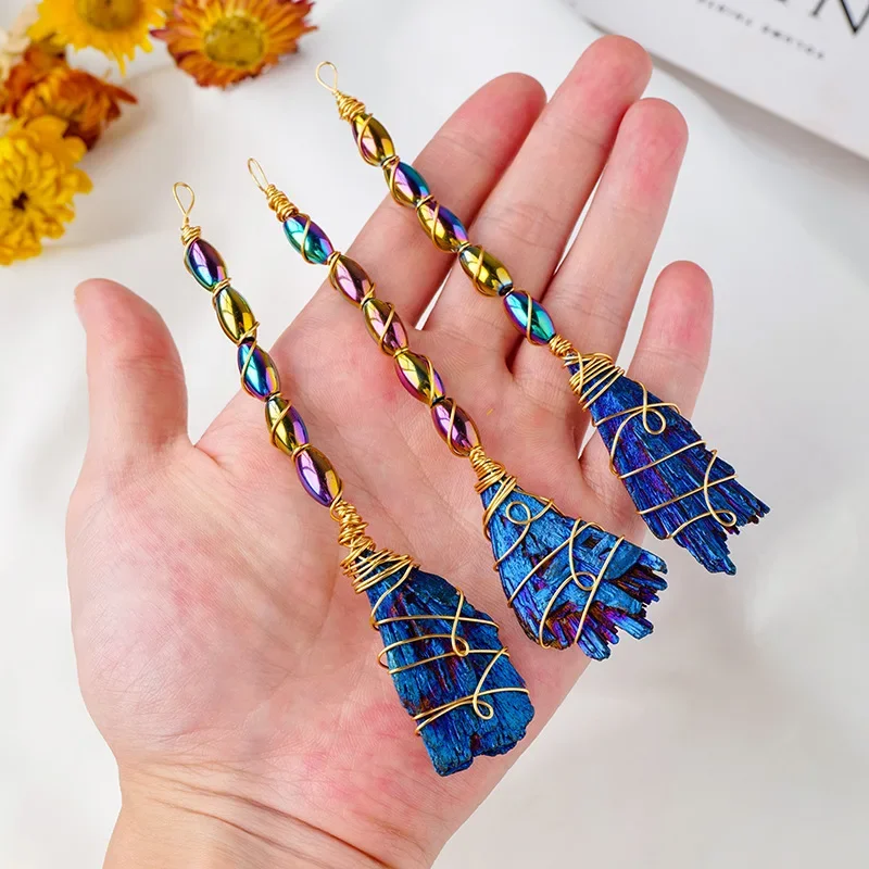 Color Plated Natural Tourmaline Magic Broom Crafts Wicca Energy Mineral Quartz Witchcraft Ornament Halloween Decor Children Gift