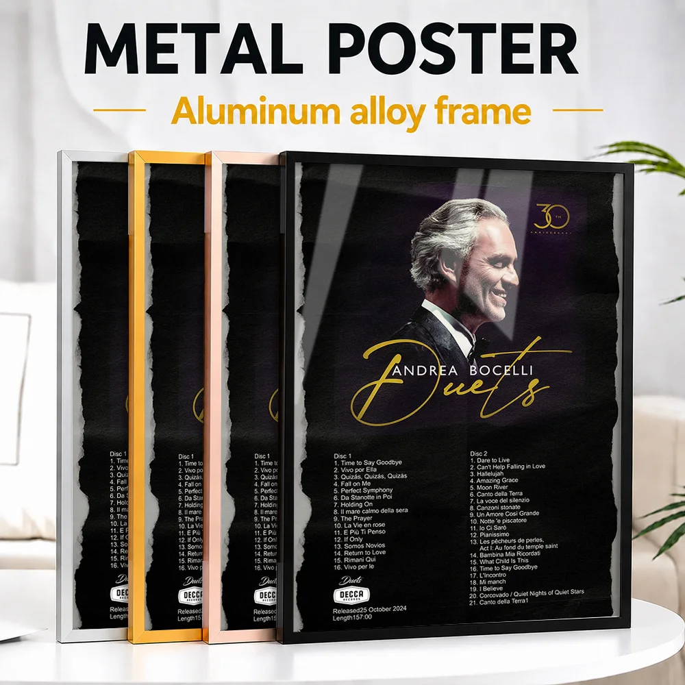 Andrea Bocelli Duets Album Framed Metal Poster Personalized Photographic Wall Art For Listening Lounge, Record Collector Gift
