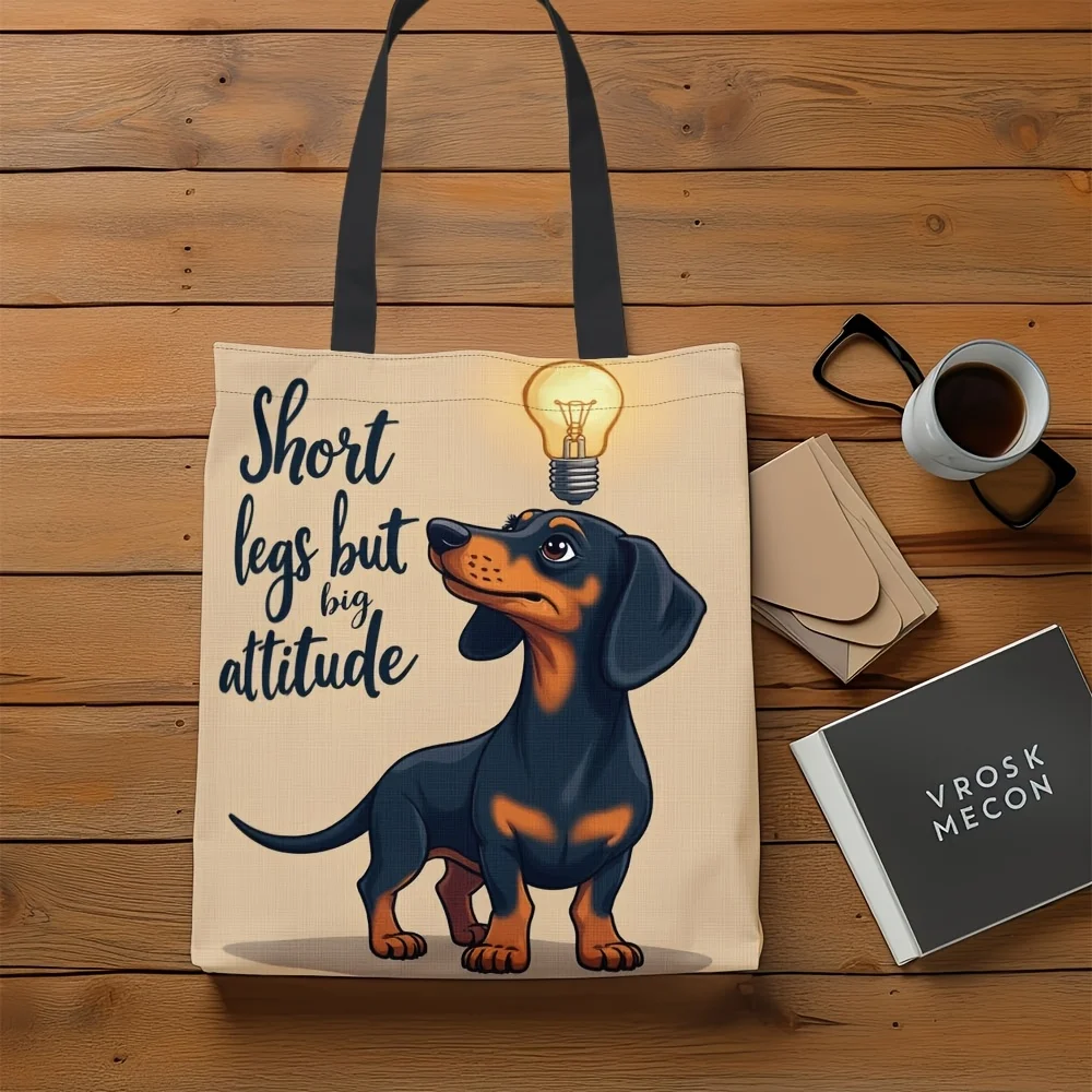Bolsa de Mano Divertida con Diseño de Dachshund de Dibujos Animados con la Frase 'Patas Cortas, Gran Attitude', Bolsa de Hombro de Poliéster Duradera de Gran Capacidad para Compras