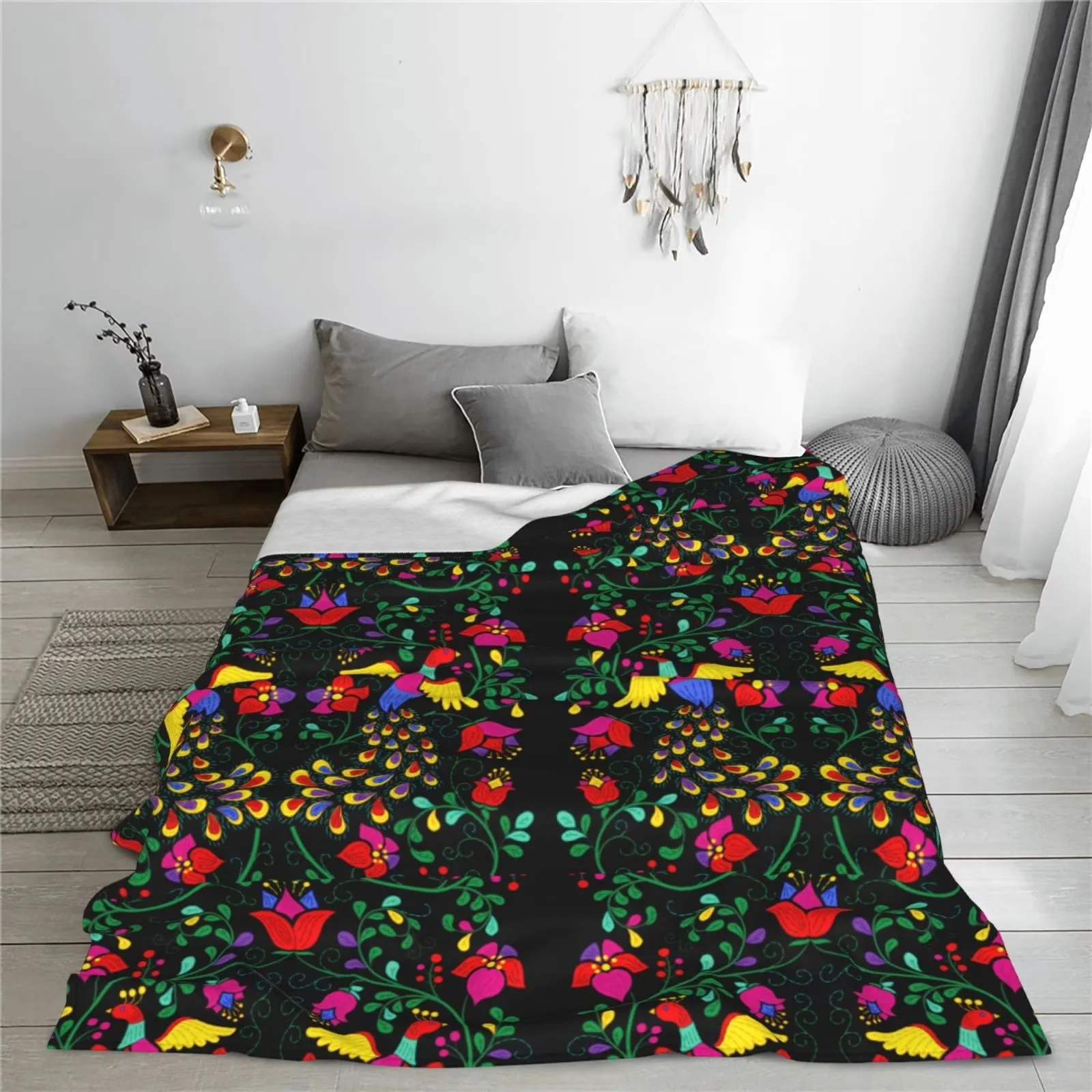 Mexican Folk Art Bird Print Fleece Throw Blanket Soft Plush Coral Velvet
