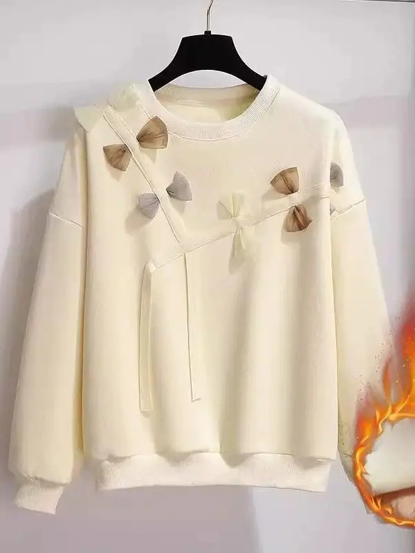 

plus Size Hoodie Women's Autumn Winter Fce Lined Anti-Aging Knot Design Trendy Top Large Size 300 Pou Khaki