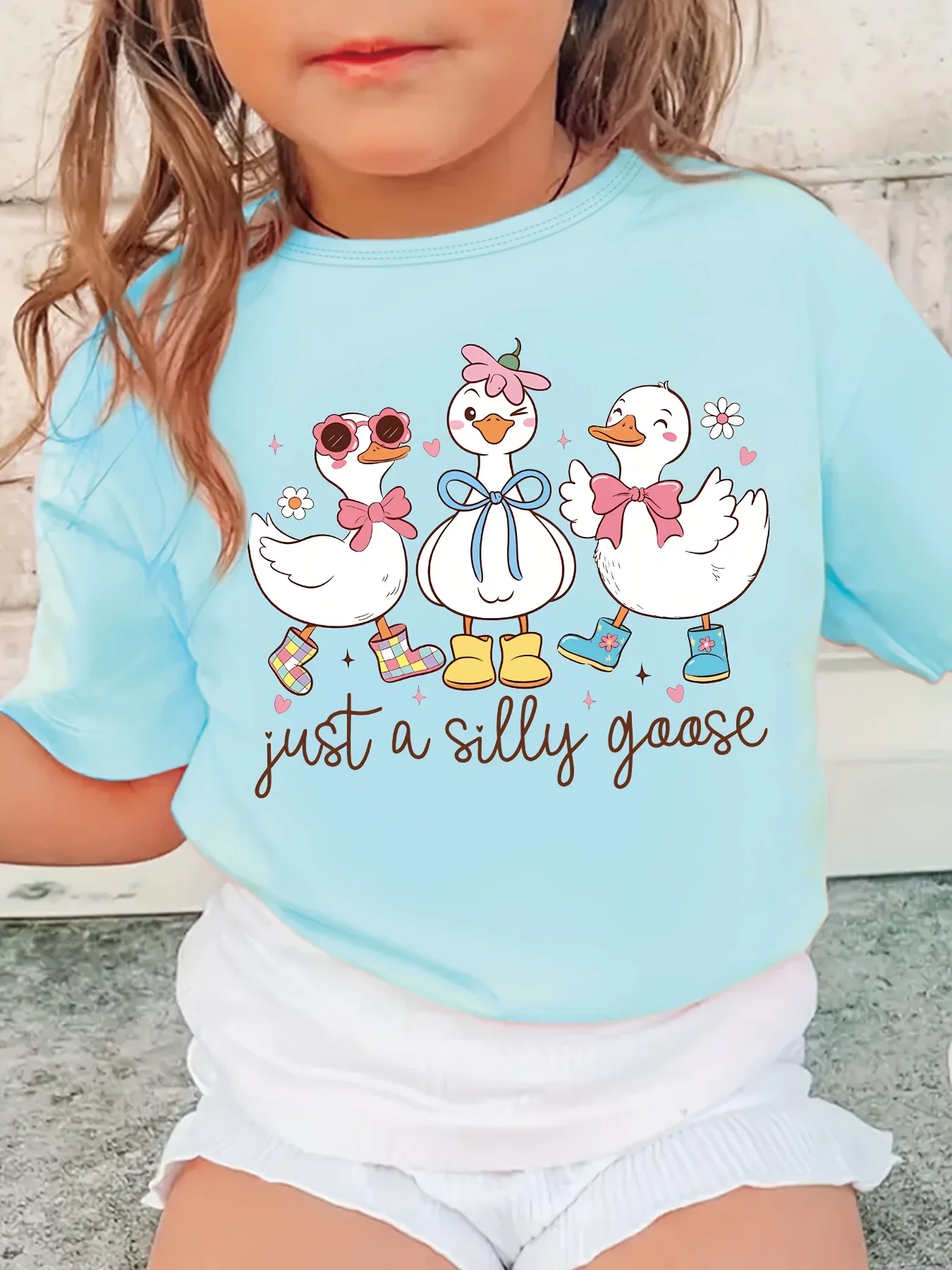 Just A Silly Goose Printed T Shirt for Toddlers Cute Cartoon Goose Graphic Design Kids Short Sleeve Casual Wear Top