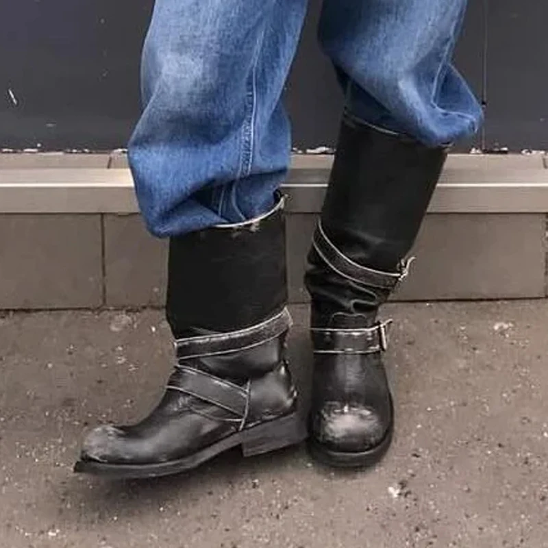 Women Vintage Double Buckle Strap Slouchy Knee High Boots Moto Boots Round Toe Low Heel Stacked Riding Boots Cowboy Boots