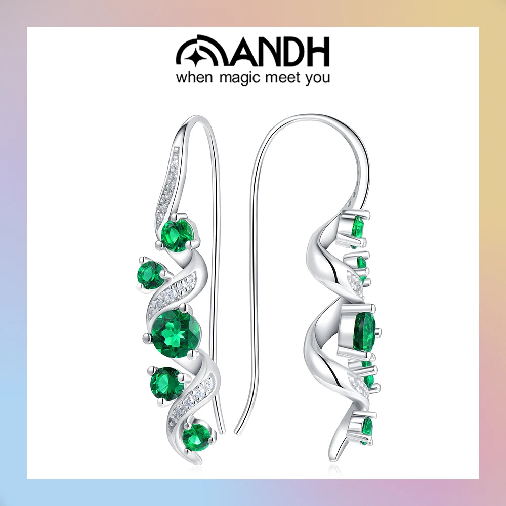 

ANDH Lab Grown Emerald Moissanite Long Drop Stud Earrings for Women 925 Silver Spiral Needle Ear Hook Party Wedding Fine Jewelry