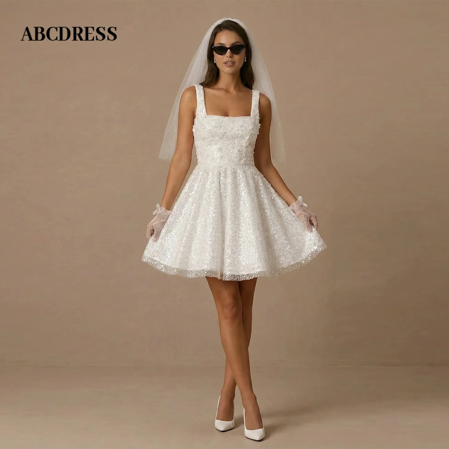 ABCDRESS Customized Square Neck Wedding Gown Sparkly White Sequin Mini Bridal Dress 3D Appliques Tulle Lace Up Lady Dresses