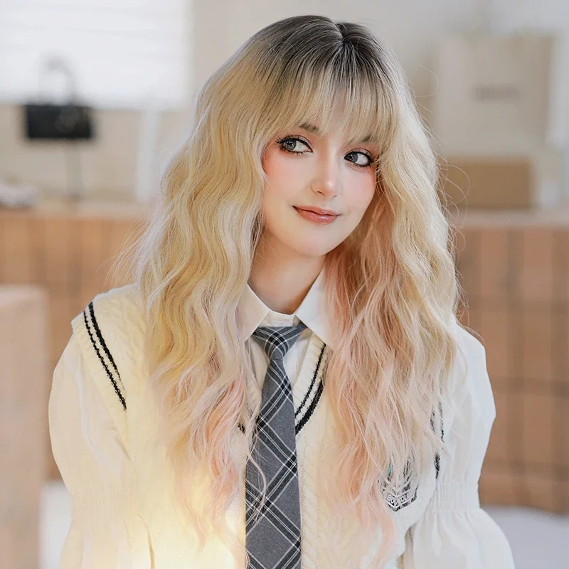 NAMM High Density Synthetic Ombre Blonde Wig for Women Costume Wig Fashion Long Body Wavy Pink and Blonde Wigs with Bangs