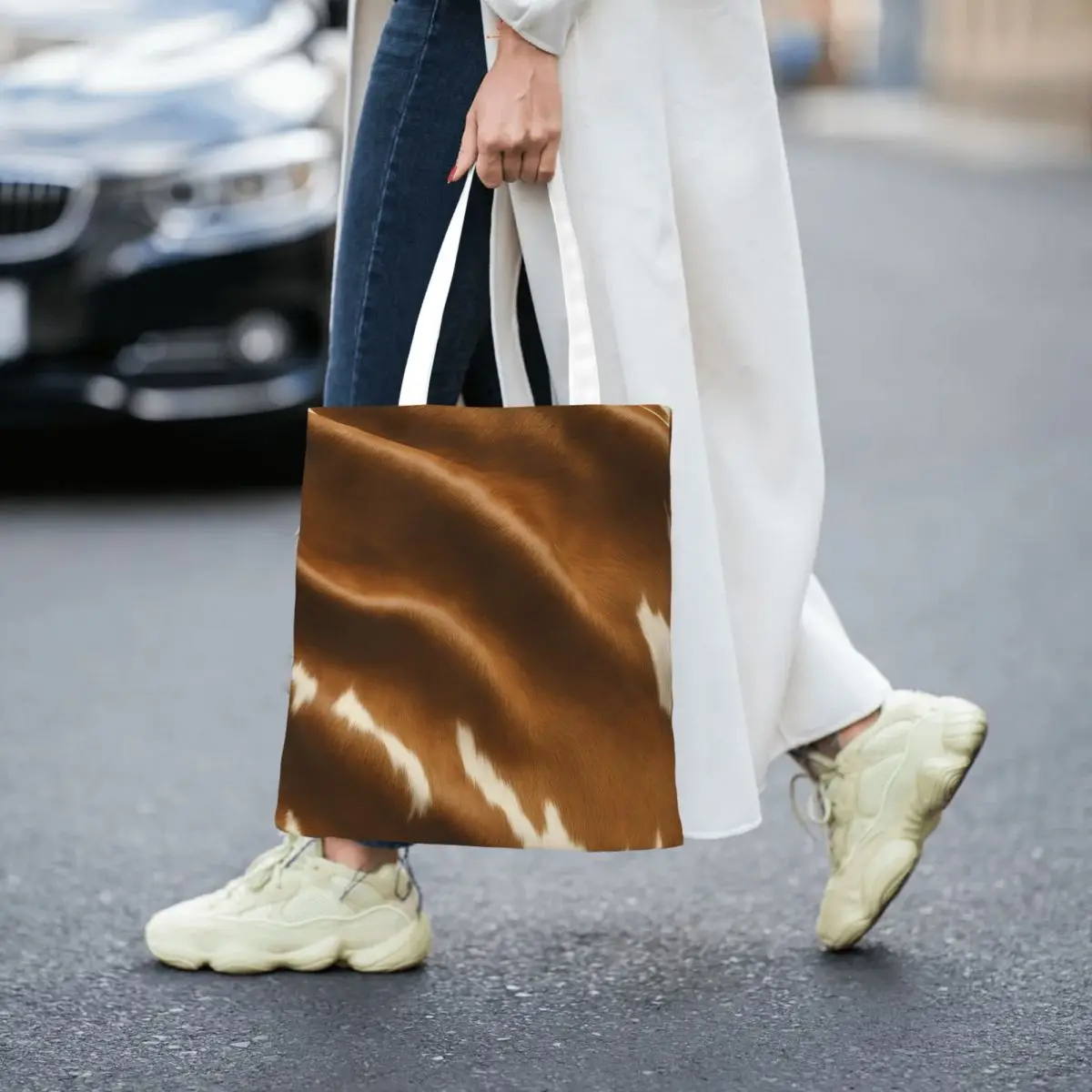 Cow Fur Cowhide Texture Cow Skin Print Shopping Bags Folding Canvas The Tote Bag Women Shoulder Tote Travel Handbag