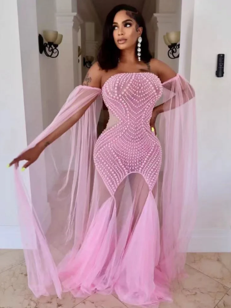 

STOCK White Pink Women Sexy Strapless Pearl Beading Floor-Length Dress Celebrate Birthday Party Mermaid Photo Shoot Dress