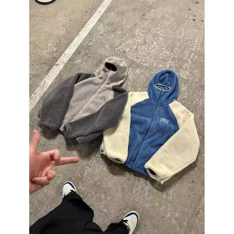 

Американская осень-зима 202, персонализированная плюшевая мужская толстовка с цветными блоками, уличная повседневная одежда в стиле хип-хоп, свободная куртка для пар