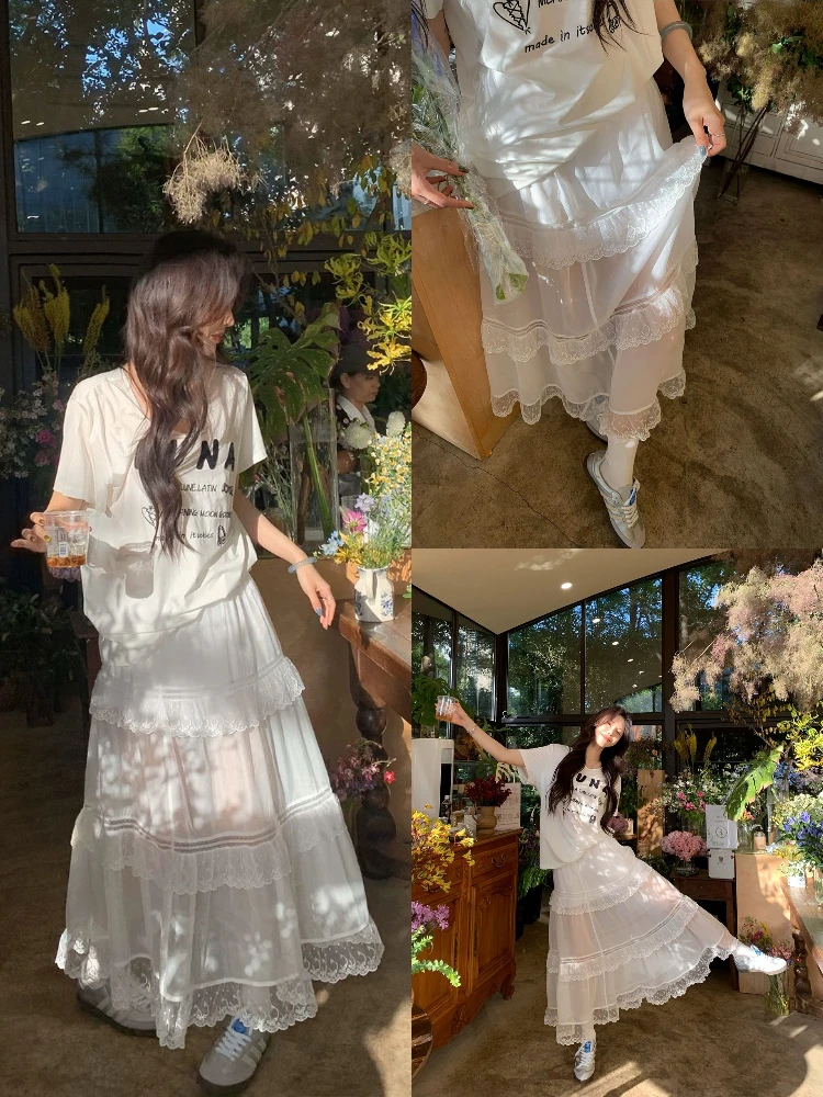 2025年春 ホワイトレーススプライシングネットハーフ丈ロングスカート 多層チュールガウン カジュアルスタイル ケーキスカート ハイウエスト ルーズフィット