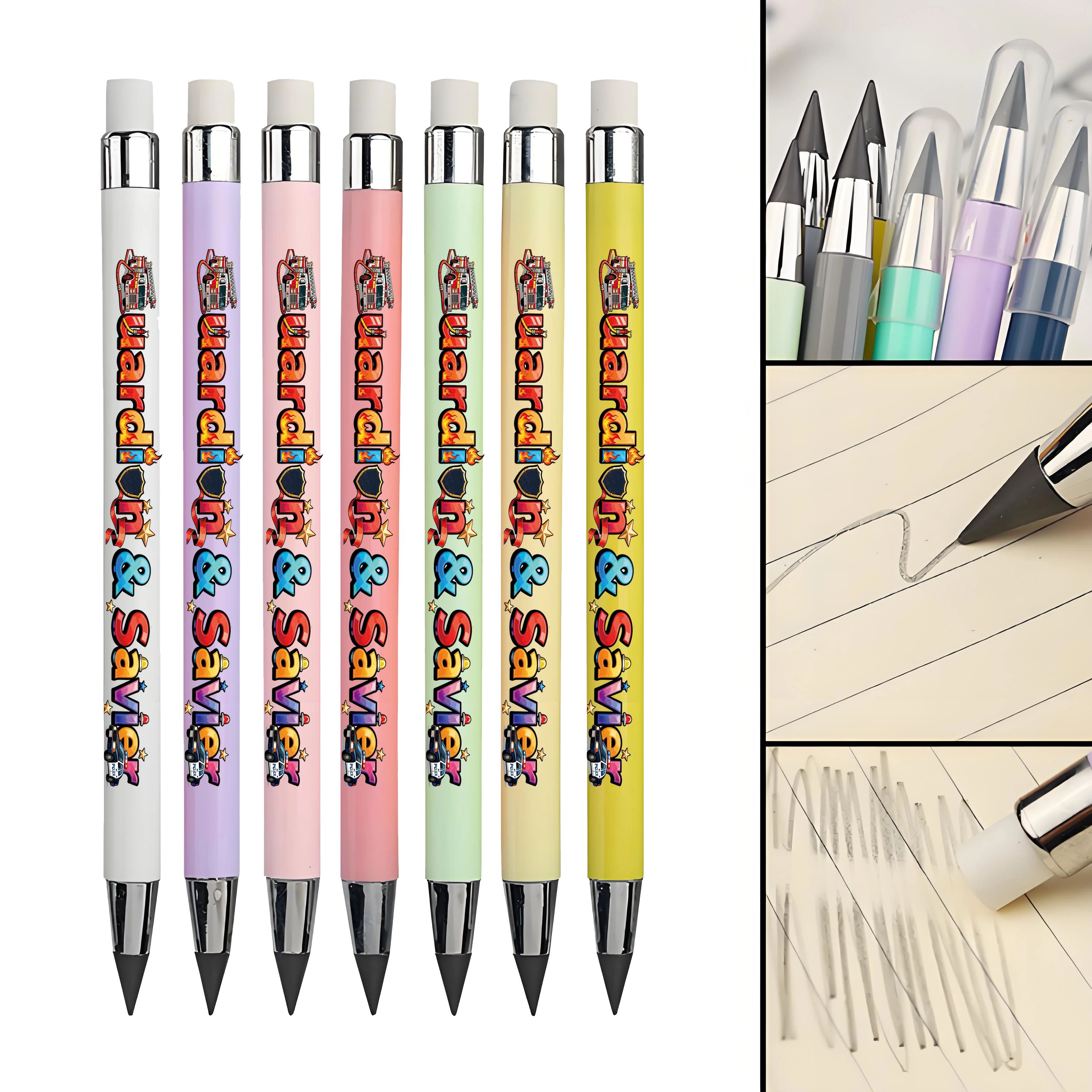 12 قطعة/24 قطعة سيارة إطفاء سيارة شرطة قلم رصاص أبدي سلسلة حارس الحياة أسود غير شحذ قلم رصاص أبدي رسم قلم رصاص