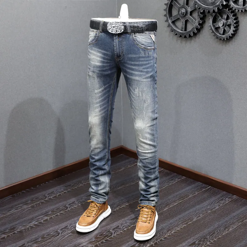 Italian Style Fashion Men Jeans Retro Washed Blue Stretch Slim Fit Ripped Jeans Men Vintage Designer Casual Denim Pants Hombre