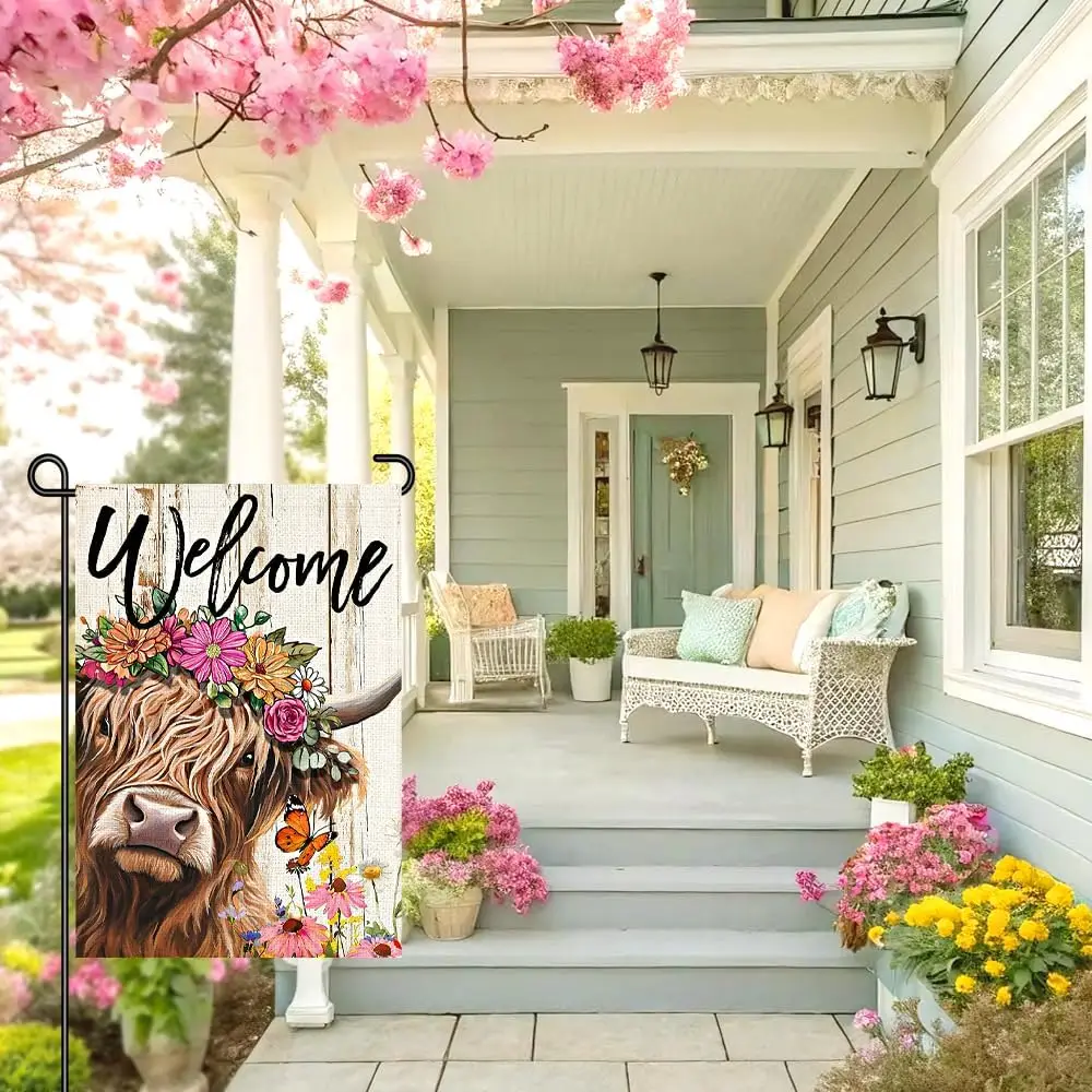 Spring Garden Flag 12x18, Highland Cow Welcome Yard Flag with Flower Crown, Rustic Farmhouse Floral Garden Sign, Double Side ZZM