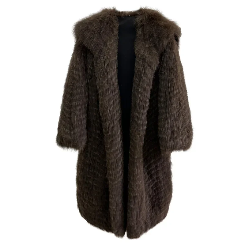 New Fox Hair Navy Collar Fur Coat for Women, Long Style, Spoke Craftsmanship Design