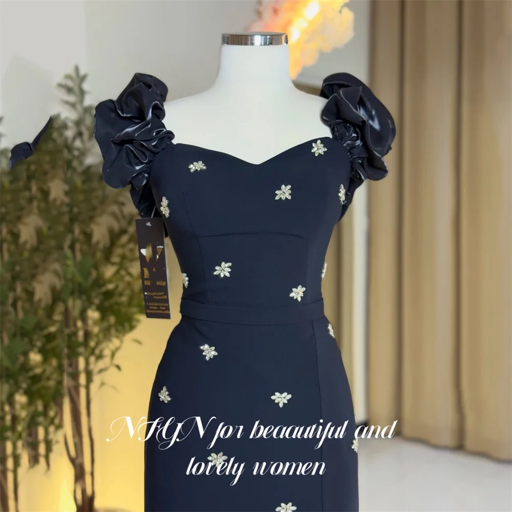 NFYN bleu marine robe de soirée Satin chérie robe formelle cristal robes de noël avec manches bouffantes robe de bal personnalisé