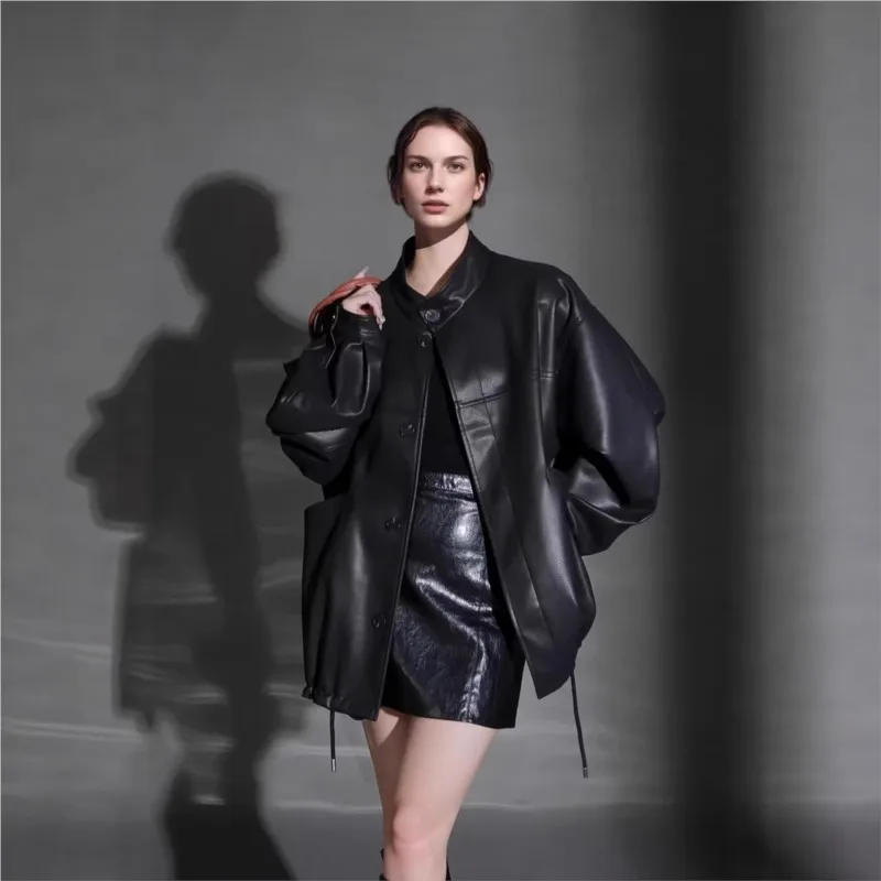 New loose stand-up collar leather for women short with drawstring and versatile coat