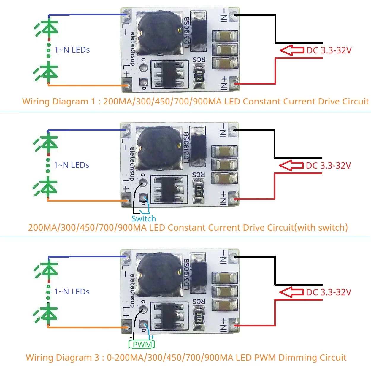 Multifunction DC-DC Buck Constant Current Driver DC 3.3-30V 200MA/300/450/700/900MA LED Dimmer PWM Controller Module LD3190SB