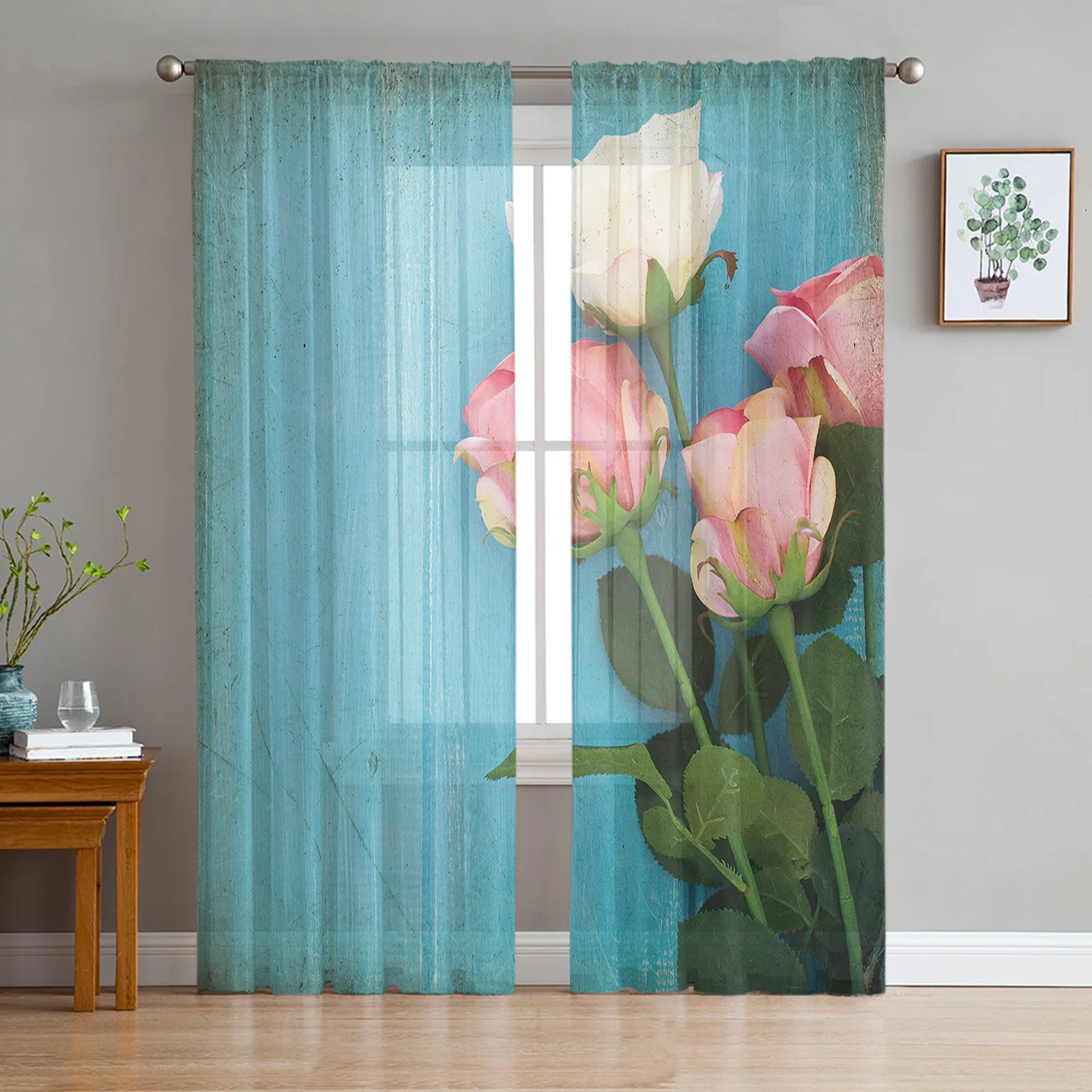 Blue Vintage Wood Grain Rose Sheer Window Curtains for Bedroom Drapes Home Decor Tulle Curtains for Living Room Chiffon Curtains