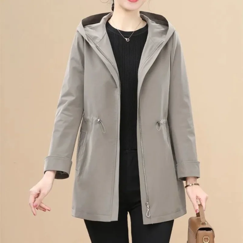 Women Hooded Drawstring Waist Mid Length Windbreaker Plus Size Elegant Middle Aged Mom Outerwear Spring Autumn New Coat