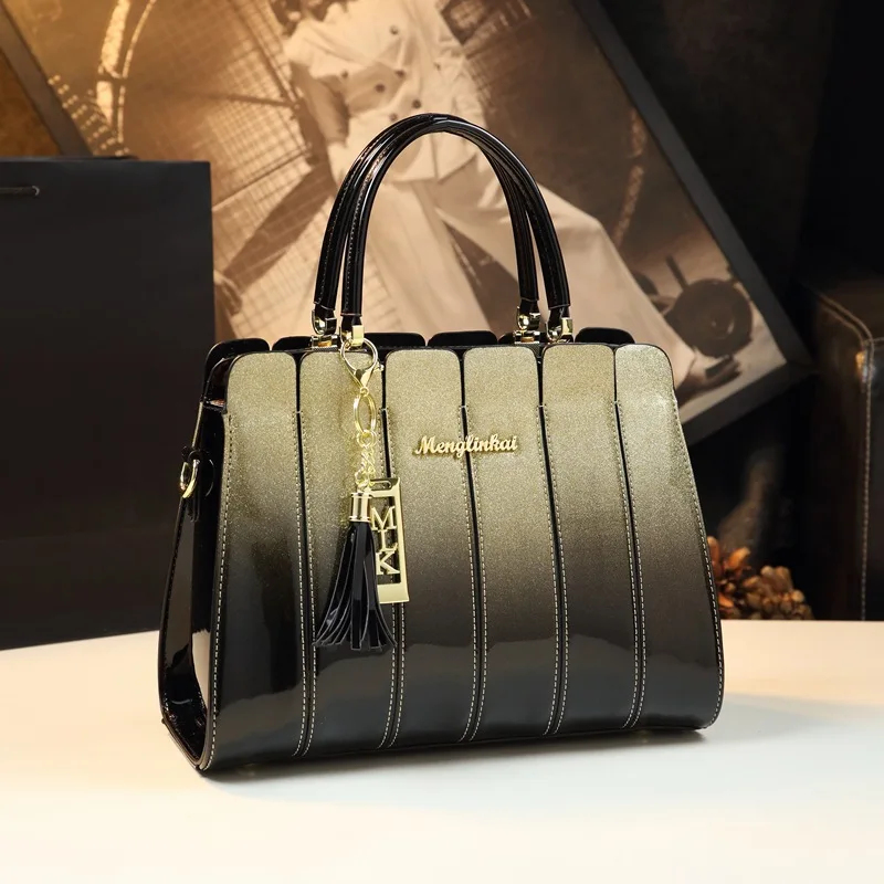 Spring new patent leather stitching contrast chain fringe handbag banquet dress large-capacity one-shoulder cross-body women bag