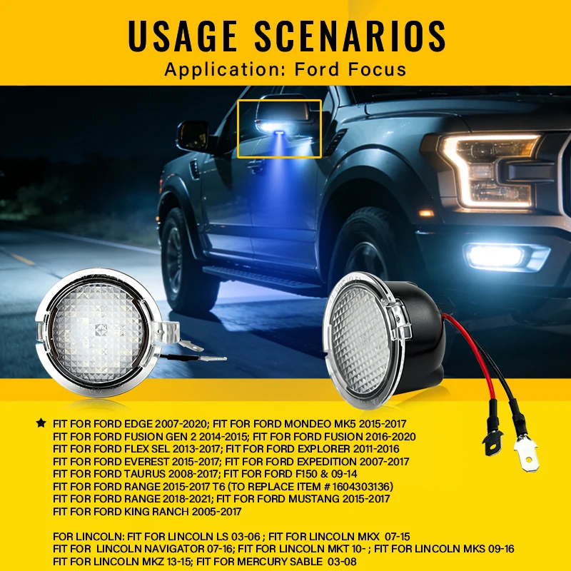 2X LED Pathway Lighting CANBUS Under Side Mirror Puddle Light for Ford Edge Ranger Mondeo Fusion Flex Explorer Taurus Expedition view 3