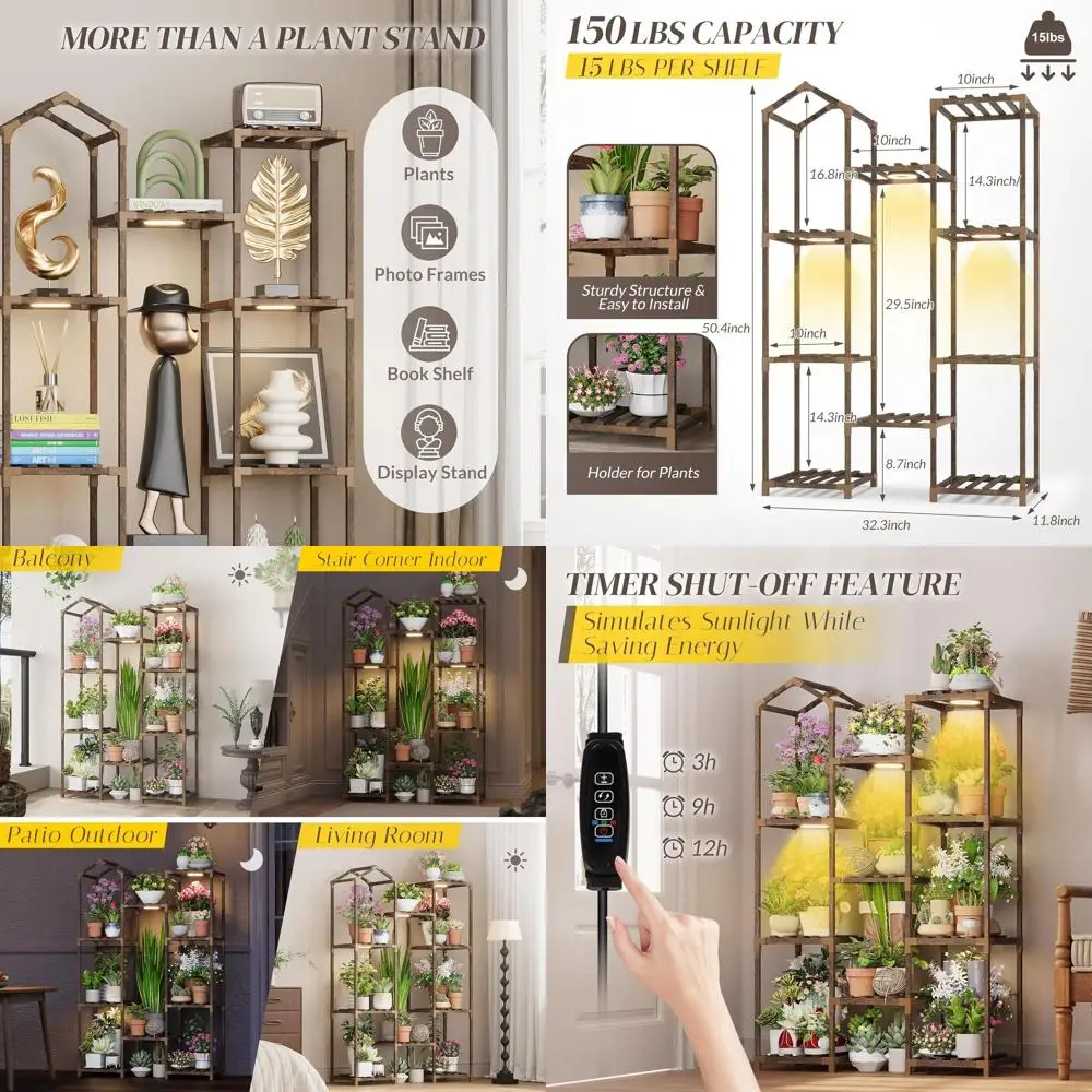 

Подставка для комнатных растений с фитолампой, высокая 4-ярусная деревянная лестница-стеллаж для нескольких растений, большой держатель для растений или подставка для растений в гостиной