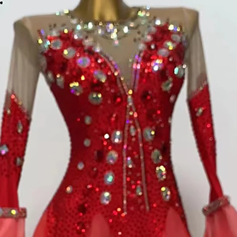 

Latin Dance Competition Women's High-end Custom Modern Red Big Skirt Cha Cha Samba Performance Rhinestone Costume Dress