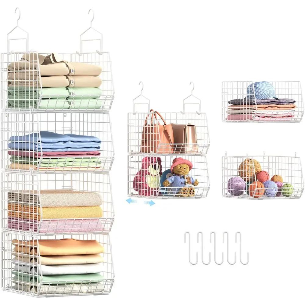 

4 Extra Deep Hanging Closet Organizer, Small Wire Cabinet Shelves, 5 S Hooks, 4 Tier Metal Basket Bins, Clothes Sweaters Handbag