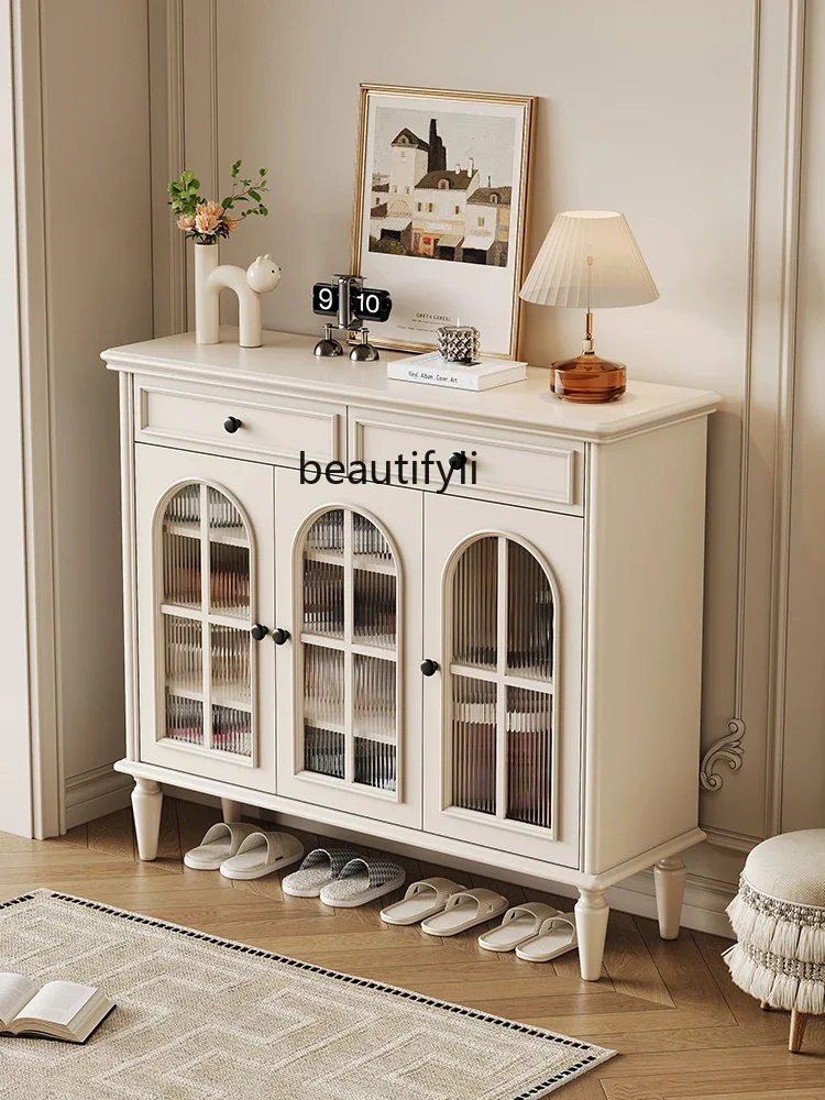 

Французский кремовый стиль, цельная древесина, входной шкаф, встроенный бытовой дверной входной американский трехдверный шкаф для хранения R