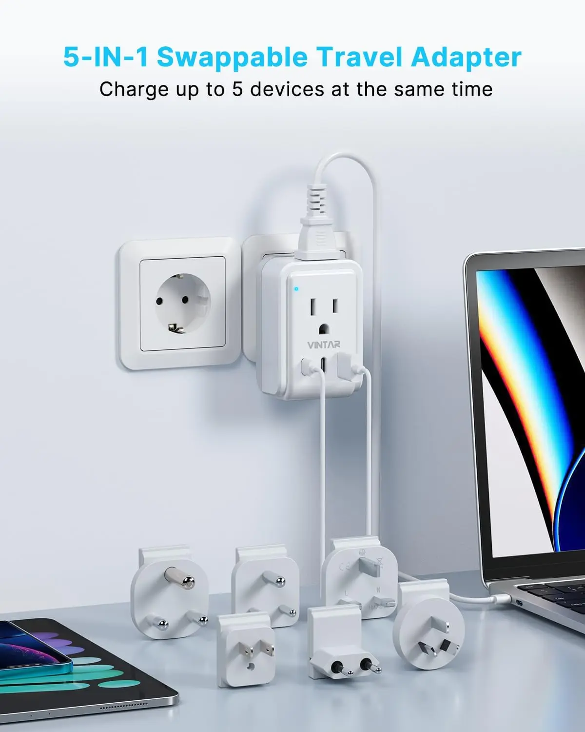 미국에서 유럽, 영국, 인도, 남아프리카, 일본으로 가는 3피트 코드, 2개의 AC 콘센트 및 3개의 USB 포트가 포함된 범용 여행 어댑터 키트