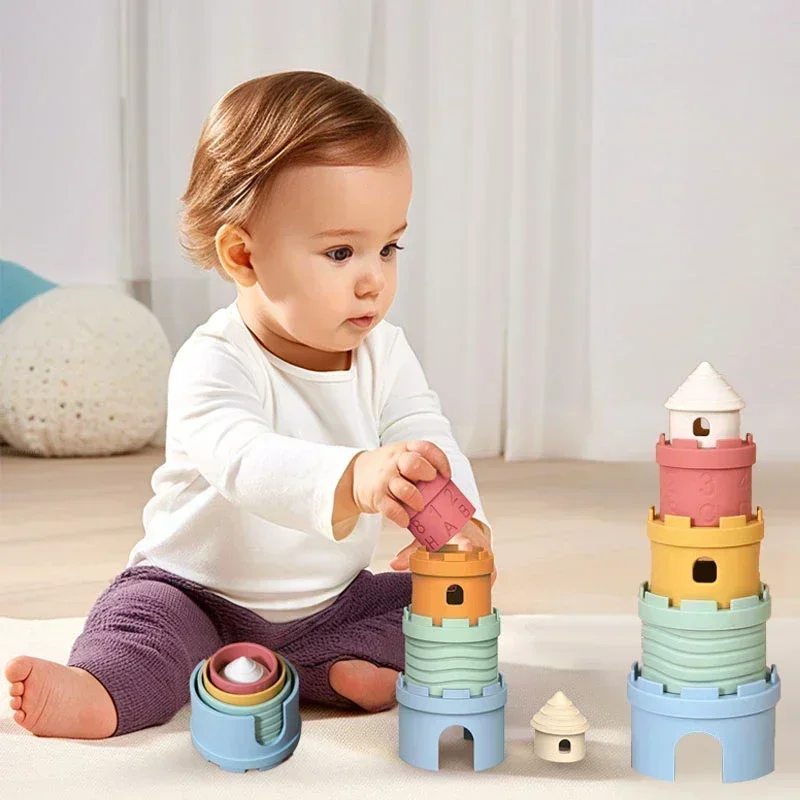 Baby Cartoon Silicone Castle Stack Cup Toys Color Digital Cognitive Building Blocks for Kids Montessori Early Education Toy Gift