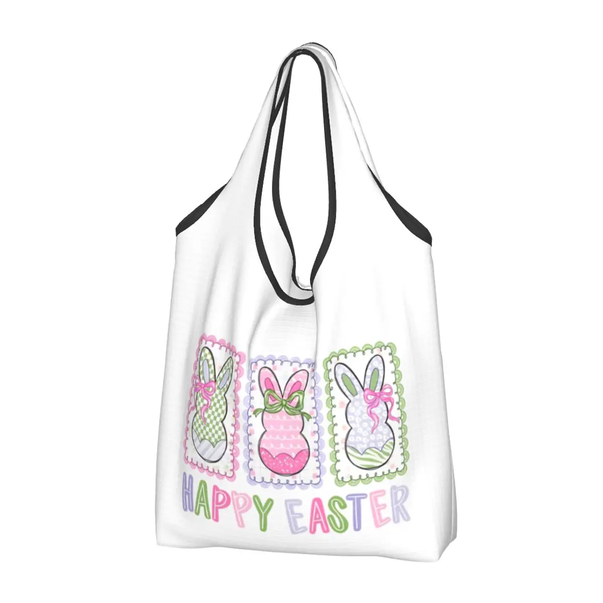 Happy Easter Rabbit Shopping Bag Reusable Grocery Tote Bags Large Capacity Recycling Bags Washable Handbag