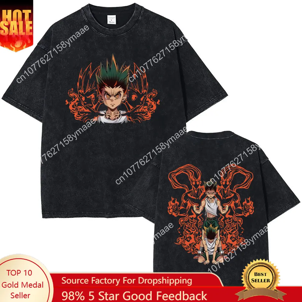 

Anime Hunter X Hunter Vintage Washed T-Shirt GON FREECSS Manga Harajuku Graphic Print T-shirts Men Women Cotton Oversized Tshirt