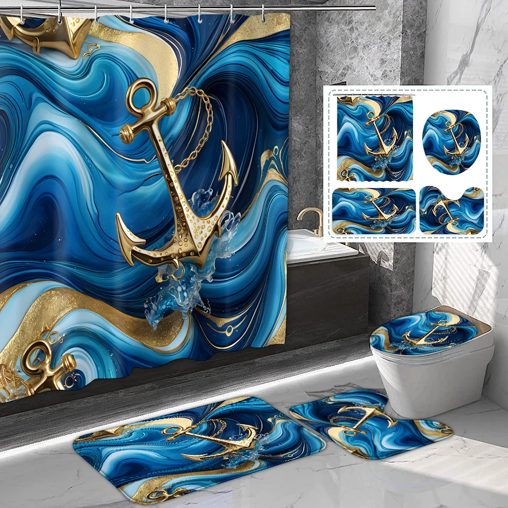 

1 комплект занавесок для душа с принтом и крючками, коврик для туалета и ванной комнаты, принадлежности для ванной комнаты, корабль якоря