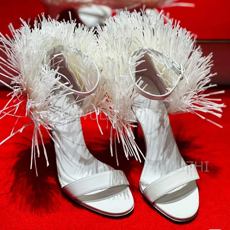 Bianco Nappa Piuma Cinghie lunghe Tacchi Ragazze Carino Fibbia aperta Sandalo Estate Nero Nappa-Cravatta Cinturino alla caviglia Slingback Rosso Scarpe sexy