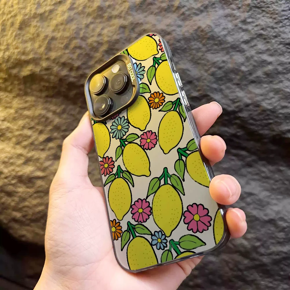 Summer Green Leaves Fruit Lemon Peach Pomegranate Grapes Phone Case IMD Color Silver Shell For IPhone 16 15 14 13 12 11 X XR Pro