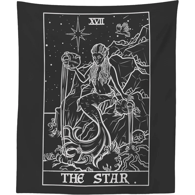 The Star Tarot Card Tapestry (Black & White) - Spooky Siren Mermaid - Gothic Halloween Home Decor Wall Hanging (59