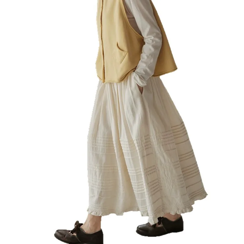 

Pocket Midi Skirt Women 2026, Korean Spring A-Line Skirt with Ruffle Hem, High Waist Textured Flared Skirt for Daily Wear