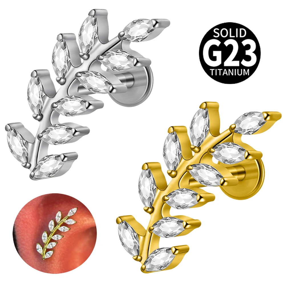 16G G23 Titanium Leaf Branch Marquise Zircon Internal Thread Cartilage Piercing Jewelry Labret Lip Tragus Helix Conch Ear Stud