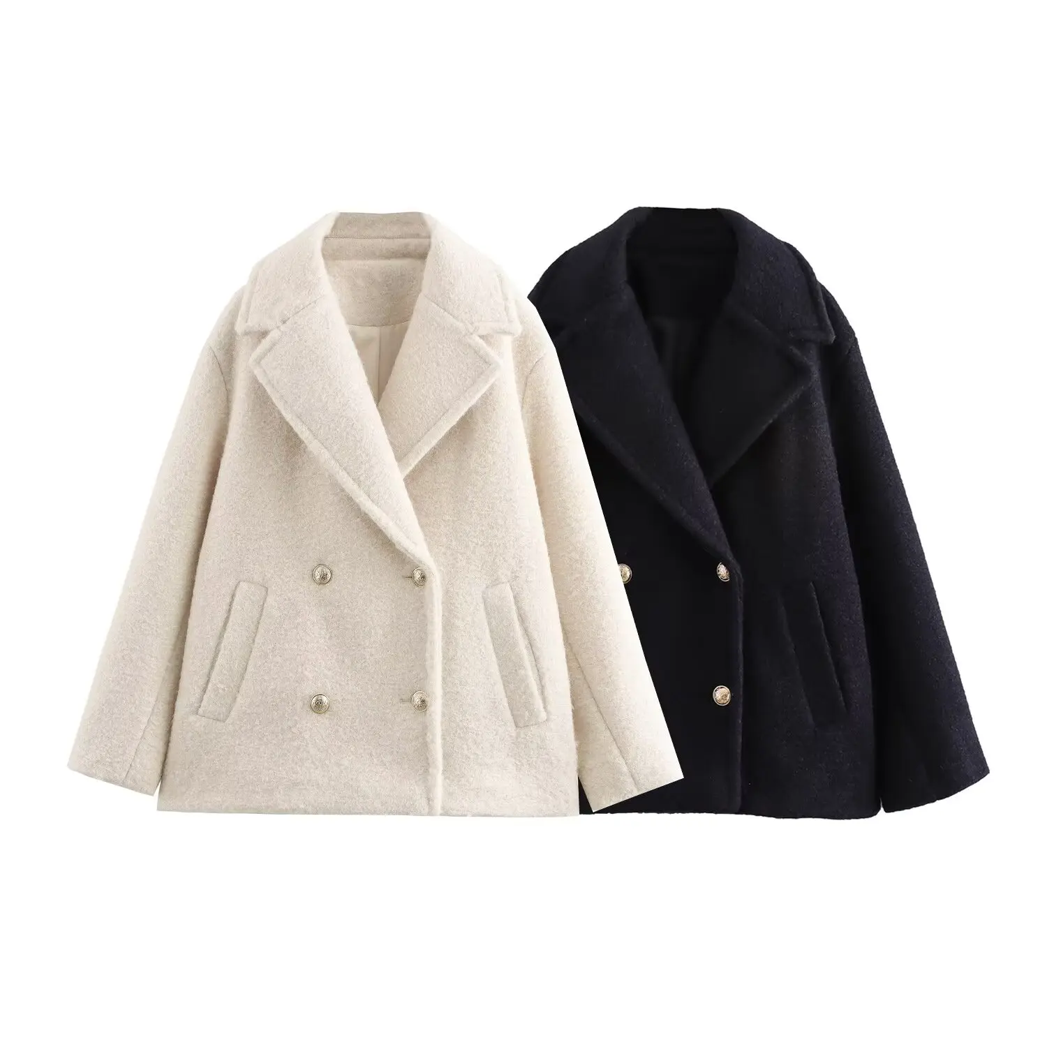 

European and American style fashionable and simple double-breasted bouclé short lapel coat