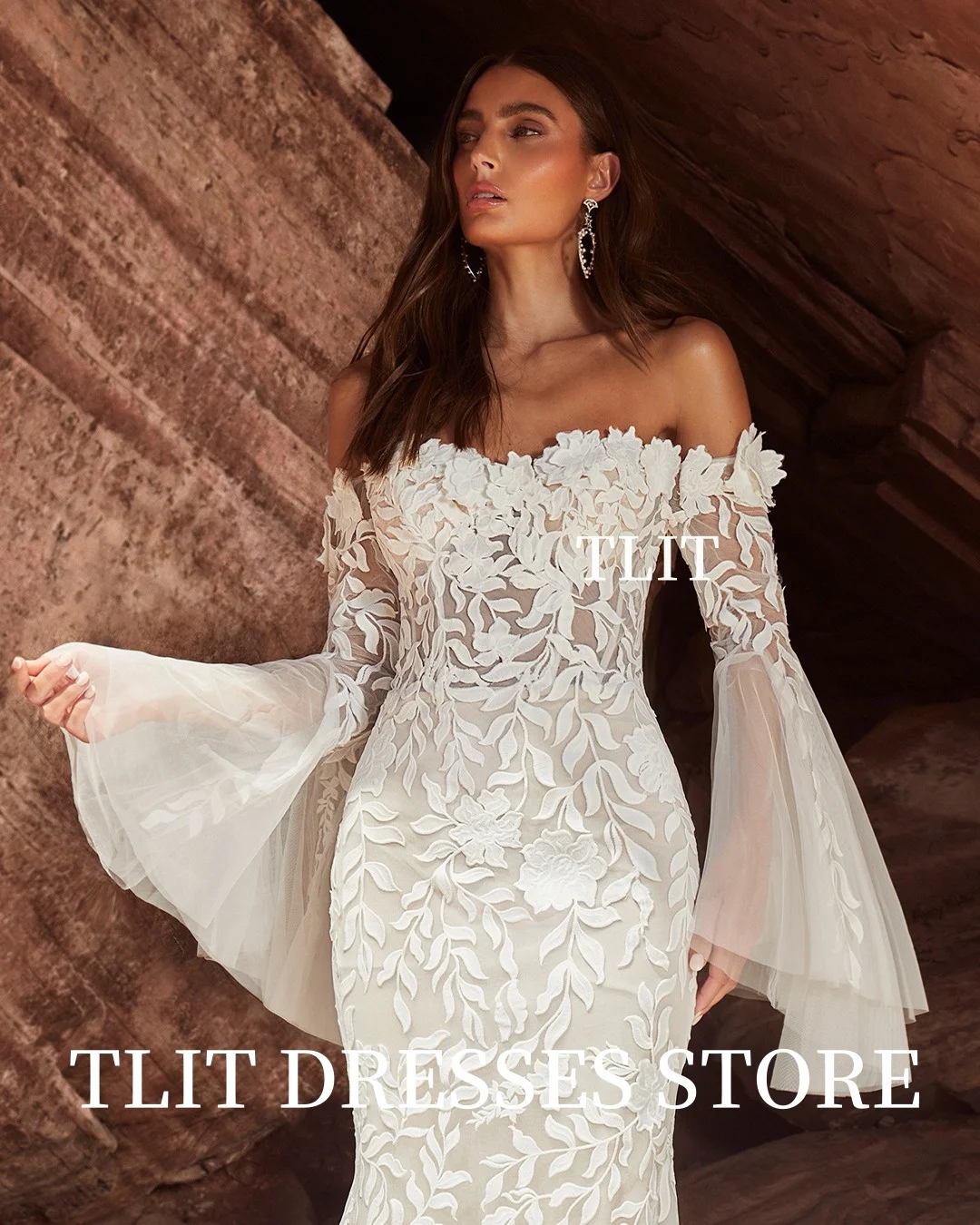 TLIT Abiti da sposa eleganti in pizzo Sweetheart con spalle scoperte Maniche svasate Abiti senza schienale Robe De Mariée Sweep Train personalizzato