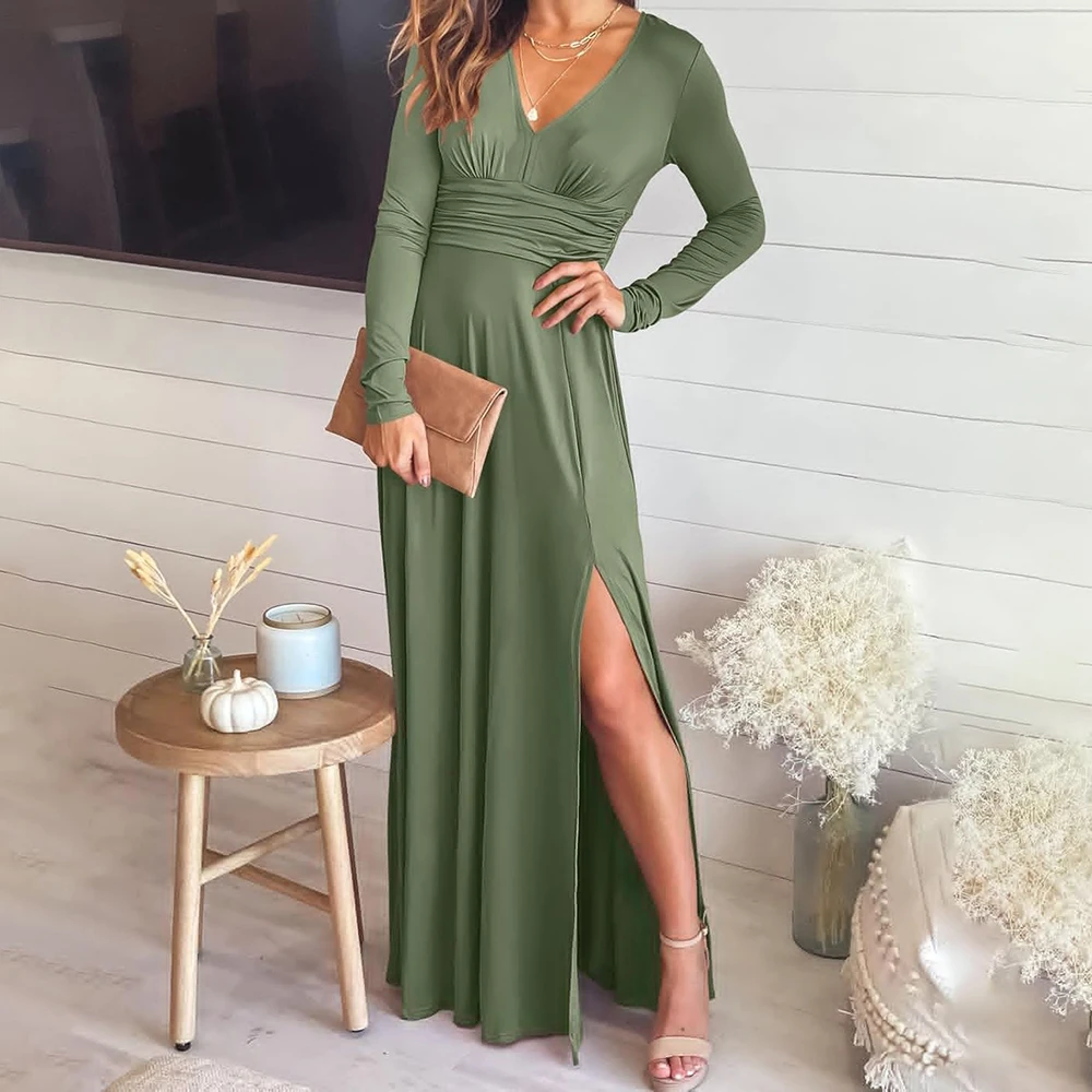 Simple Mother of the Bride Dress For Women Full Sleeve V Neck Side Split Formal Party Dress A Line Draped Bride Guest Gowns