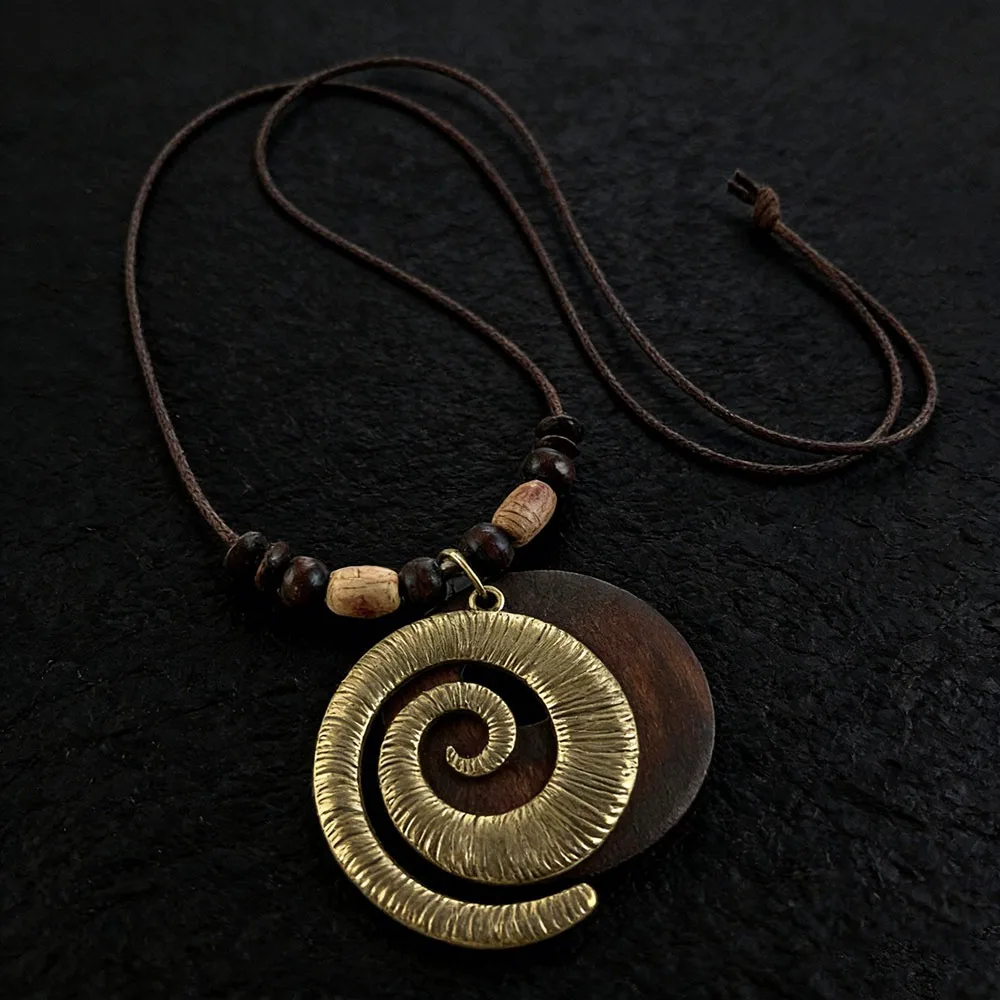 Vintage Boho Sweater Chain Hollow Leaves Leather Chain Wooden Pendant Necklace Long Handmade Clothing Pendant for Women Men