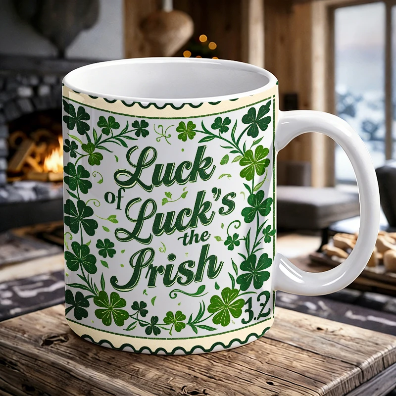 

1PCS Green Clover Print Ceramic Mug, Coffee Cup, Milk Cup, Office Tea Cup, Drinking Cup, Fade-Resistant, Gift for Friends