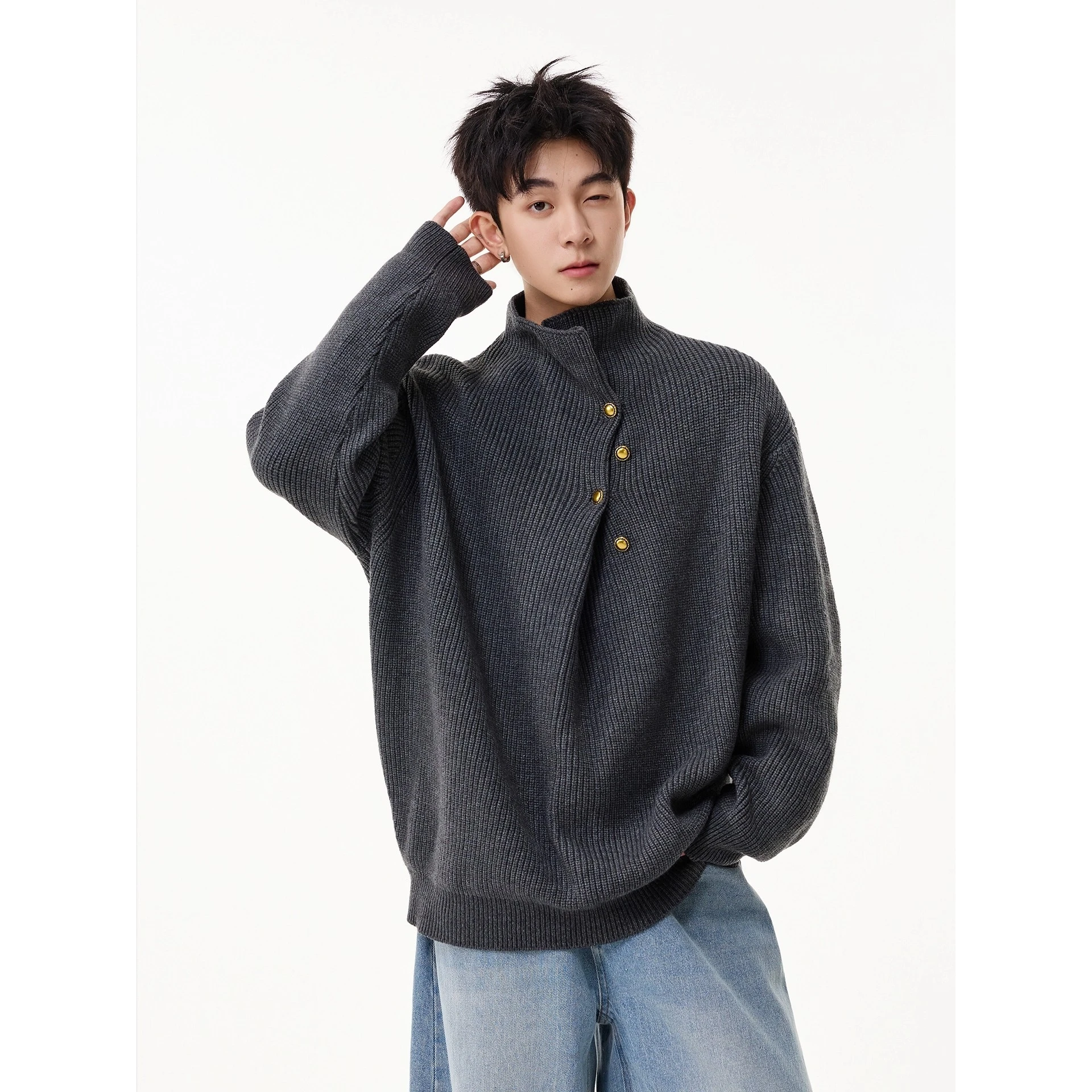 

Мужской свитер American Sle Casual Knitwear с высоким воротником и пуговицами, осенний, модный, брендовый, Cleanfit, для отдыха