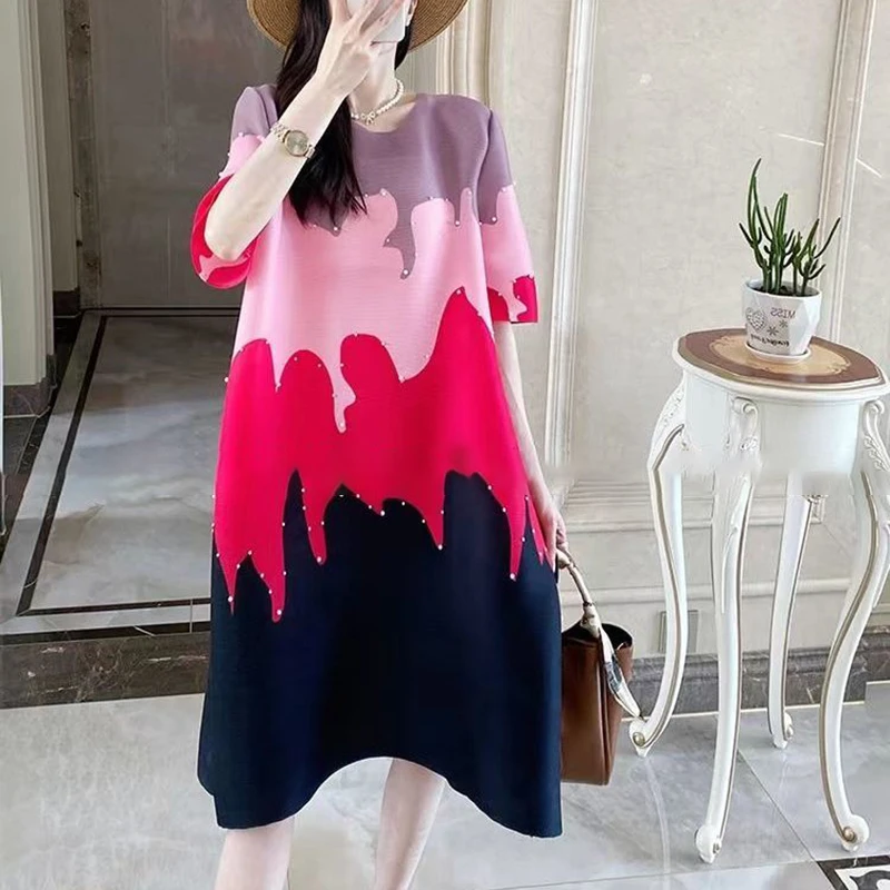 Colorful patchwork nail bead half sleeved loose Thousand Shadow dress, women's candy color printed pleated skirt, blue