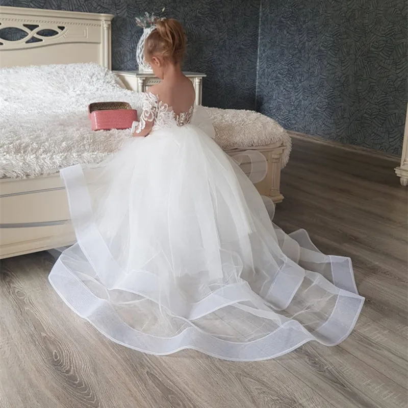 Abiti da ragazza di fiori in pizzo avorio con lungo treno Tulle prima comunione bambino compleanno principessa abiti per occasioni speciali