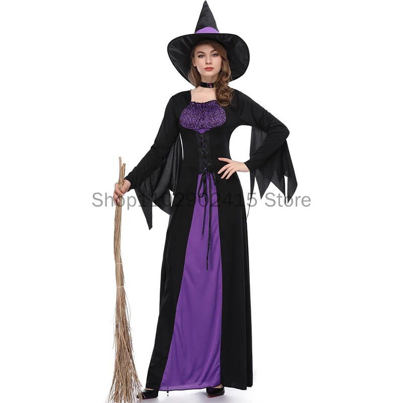 Fatos de Bruxa Halloween para Mulher, Trajes Vampiros, Adulto Assustador, Roxo, Festa de Carnaval, Performance Drama, Vestido de Máscara com Chapéu