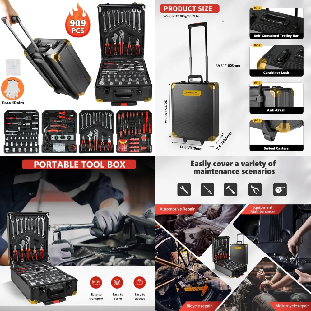 

Hand Tool Sets909 Piece Mechanic Tool Set with Wrenches Sockets and Rolling Case for Repair Work