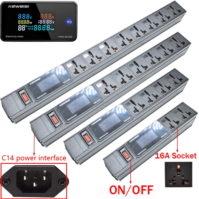 

C14 interface Power Strip with Switch Display Power Energy Volt Watt Kwh Meter 2/3/4/5/6/7/8/9/10Ways 16A Universal Socket